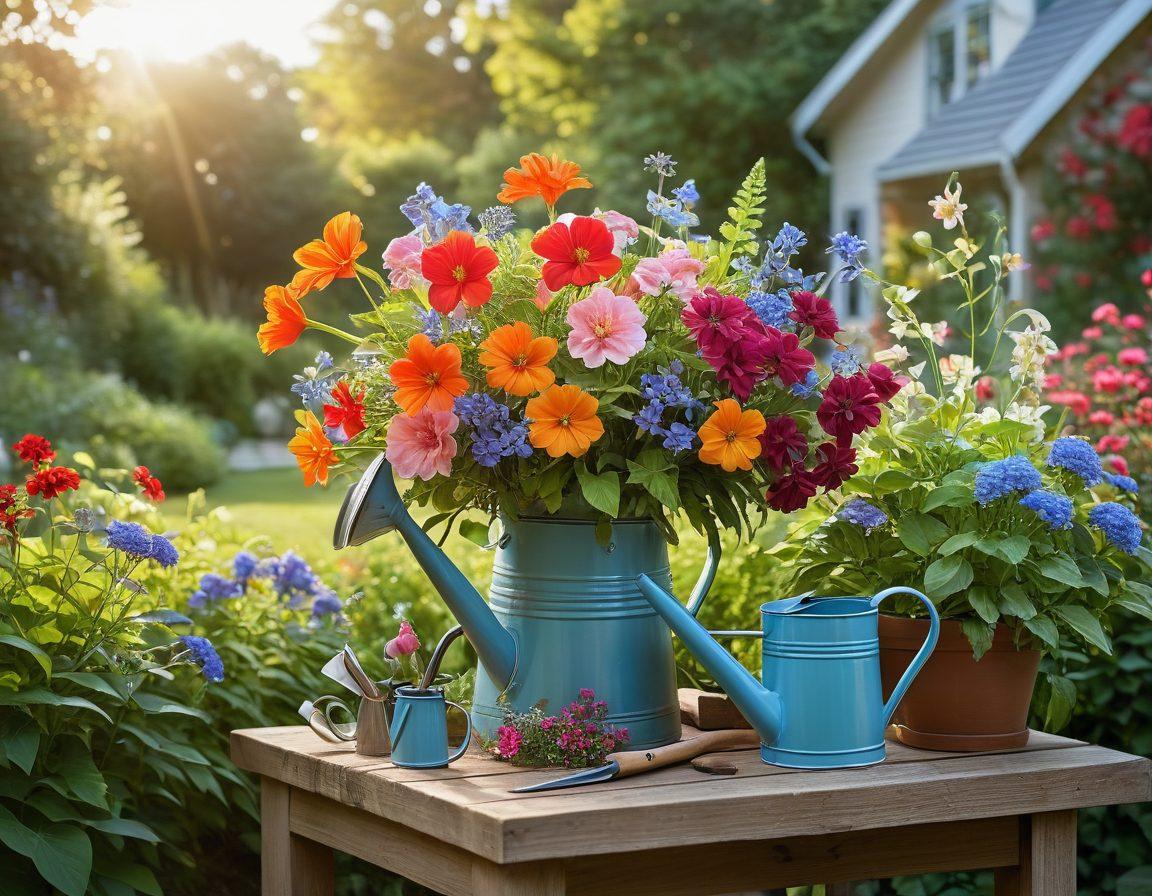 A lush garden scene featuring a diverse array of vibrant flowers in full bloom, with a gentle hand demonstrating floral arrangement techniques. Include gardening tools like scissors and a watering can subtly placed in the foreground. The background should be a clear blue sky with soft sunlight filtering through leaves, highlighting the beauty of nature. super-realistic. vibrant colors. soft focus.