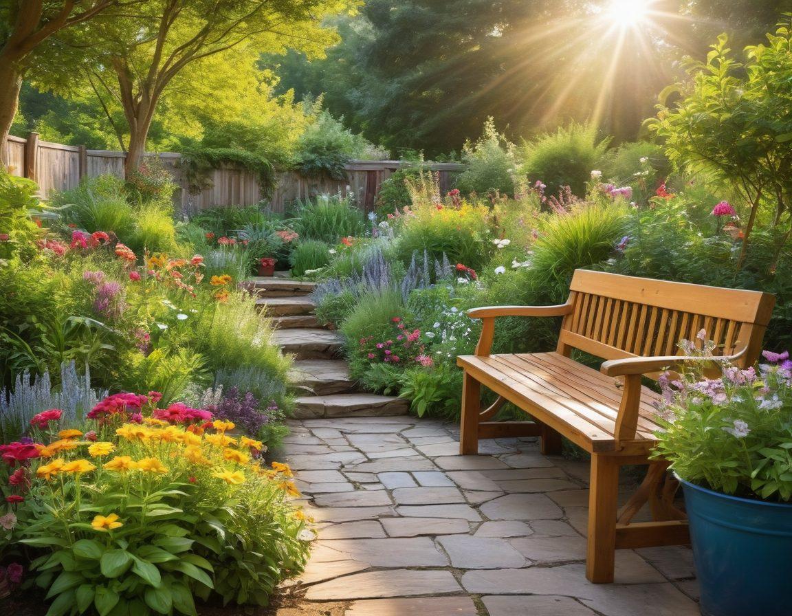 A lush and vibrant outdoor garden featuring a variety of eco-friendly plants and colorful flowers, with a wooden garden bench adorned with potted herbs. Include elements like solar-powered lights and a compost bin nearby to emphasize sustainability. The scene should be bathed in warm sunlight, creating an inviting atmosphere. Impressionist style. vibrant colors.