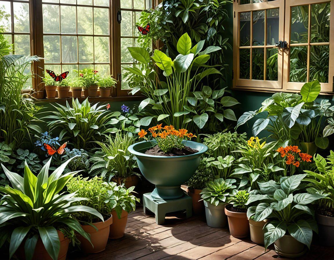 A serene garden scene displaying diverse houseplants in unique pots, with soft sunlight filtering through lush green leaves. Include a gardener tending to the plants, surrounded by various gardening tools and eco-friendly items like compost and natural fertilizers. Add vibrant butterflies and bees fluttering around to reflect a healthy ecosystem. Bright colors and a fresh atmosphere evoke a sense of harmony with nature. super-realistic. vibrant colors. soft sunlight.